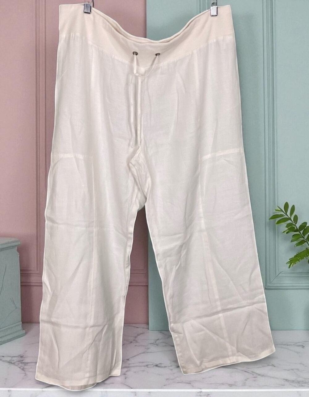 Eileen Fisher White Linen Pull On Wide Leg Stretch Waist Pants Size XL
